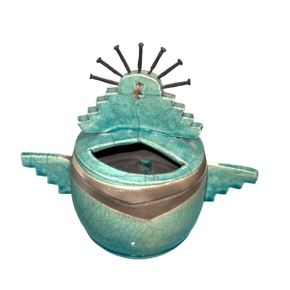 Barbara Heard Ceramic Lantern Signed Bird Head Blue Gray Handmade Pottery Candle - Picture 2 of 13